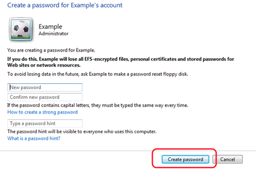 Windows 7 User Accounts, Create Password
